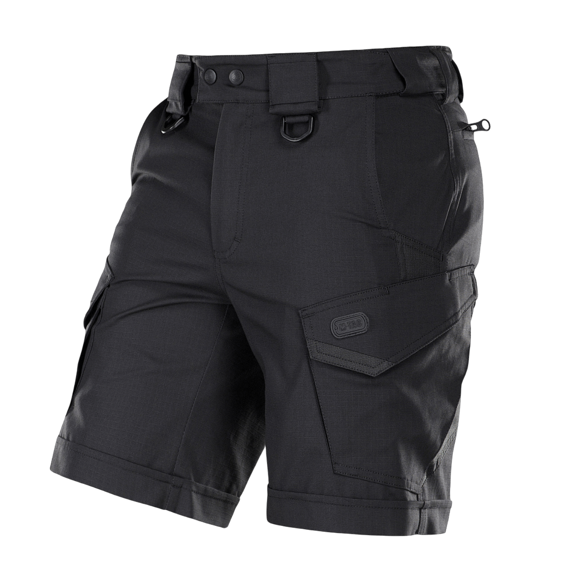 M-Tac Shorts Aggressor Short i sort med taktiske lommer og D-ringe, ideel til udendørs brug. Fremstillet af elastisk polycotton rip-stop.