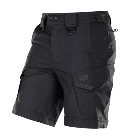 M-Tac Shorts Aggressor Short i sort med taktiske lommer og D-ringe, ideel til udendørs brug. Fremstillet af elastisk polycotton rip-stop.