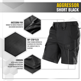 M-Tac Shorts Aggressor Short i sort med taktiske funktioner og materialer som YKK lynlåse, ripstop flex, og Cordura for holdbarhed.