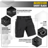 M-Tac Shorts Aggressor Short i sort, knælange med taktiske funktioner, elastisk polycotton for bevægelsesfrihed, ideel til sommerbrug.