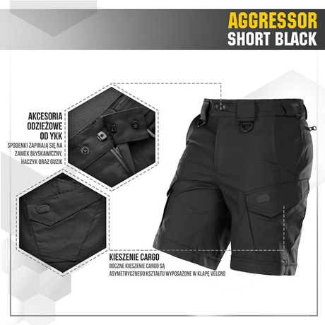 M-Tac Shorts Aggressor Short i sort med taktiske funktioner, ideel til varme dage, fremhævet med YKK lynlåse og D-ringe til udstyr.