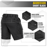 M-Tac Shorts Aggressor Short i sort med taktiske detaljer og YKK lynlåse, designet til komfort og funktionalitet. Ideelt til varme dage.