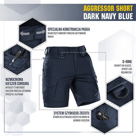M-Tac Shorts Aggressor Short i mørkeblå med taktiske funktioner og D-ring, ideel til by eller natur, lavet af elastisk polycotton flex rip-stop.