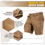 M-Tac Shorts Aggressor Short i coyote brown, lavet af ripstop flex med YKK lynlås, ideel til taktisk brug og komfort.