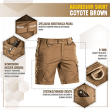 M-Tac Shorts Aggressor Short i coyote brown med taktiske funktioner, herunder D-ring og Cordura lommer, perfekt til aktiv udendørsbrug.