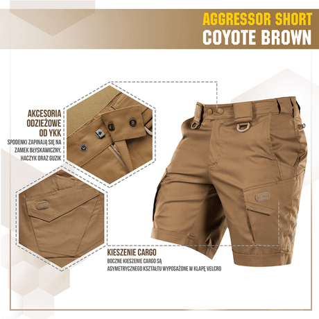 M-Tac Shorts Aggressor Short i Coyote Brown med taktiske lommer og justerbare detaljer, ideelle til varme dage og aktiv livsstil.