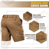 M-Tac Shorts Aggressor Short i Coyote Brown med lommedetaljer og funktionelle elementer, ideelle til taktisk brug og varme vejrforhold.