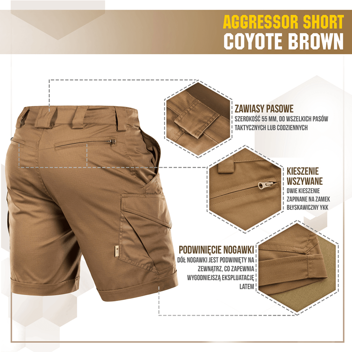 M-Tac Shorts Aggressor Short i Coyote Brown med lommedetaljer og funktionelle elementer, ideelle til taktisk brug og varme vejrforhold.