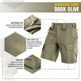 M-Tac Shorts Aggressor Short i mørk oliven med taktiske funktioner og rip-stop flex materiale, ideel til aktive dage.