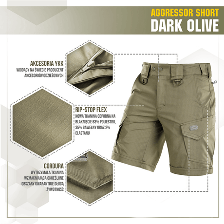 M-Tac Shorts Aggressor Short i mørk oliven med taktiske funktioner og rip-stop flex materiale, ideel til aktive dage.