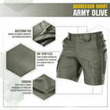 M-Tac Shorts Aggressor Short i army oliven, let og holdbar med rip-stop flex materiale og taktiske funktioner til by eller natur.