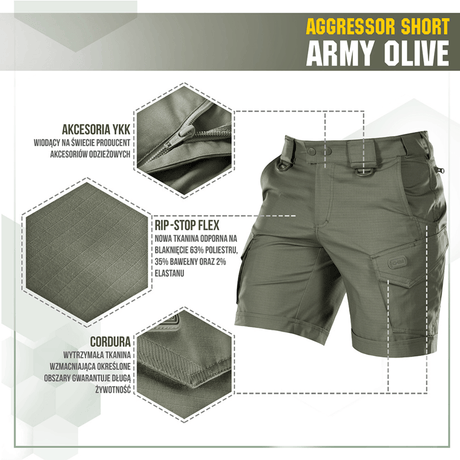 M-Tac Shorts Aggressor Short i army oliven, let og holdbar med rip-stop flex materiale og taktiske funktioner til by eller natur.