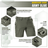 M-Tac Shorts Aggressor Short i army olive farve med taktiske funktioner, D-ringe og YKK lynlåse, ideelle til varmt vejr og aktiv brug.
