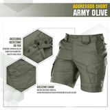 M-Tac Shorts Aggressor Short i army olive farve, med taktiske funktioner ideel til aktive forårs-/sommerdage i naturen eller byen.