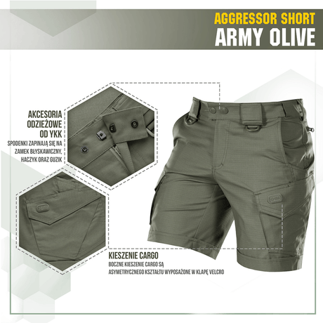 M-Tac Shorts Aggressor Short i army olive farve, med taktiske funktioner ideel til aktive forårs-/sommerdage i naturen eller byen.