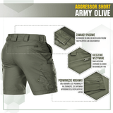 M-Tac Shorts Aggressor Short i Army Olive, taktiske knælange shorts med YKK lynlåse og justerbare funktioner til aktiv brug i naturen.