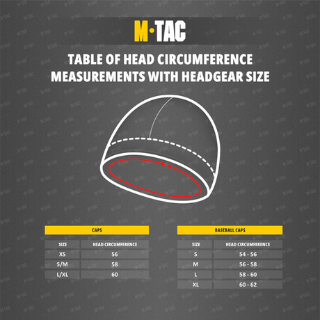 Størrelsesdiagram for M-Tac Panamahat med Net Elite NYCO med hovedomkredsmålinger for kasketter og baseballkasketter.