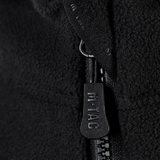 Nærbillede af M-Tac Lite Microfleece Hættetrøje lynlås med elastisk bånd og M-Tac-logo, sort mikrofleece materiale for komfort og varme.
