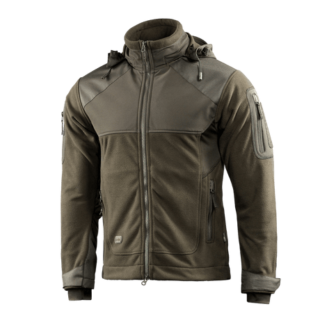 M-Tac Norman Windblock Fleecejakke i olivenfarve, designet til komfort og varme med WindBlock-materiale og Softshell-indlæg.