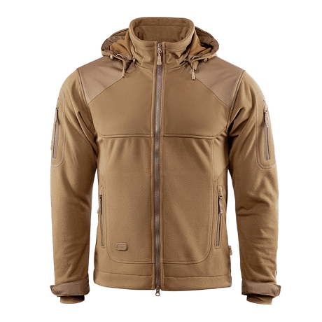 M-Tac Norman Windblock Fleecejakke i brun med hætte og softshell-indlæg til beskyttelse mod vind og kulde. Ideel til køligt vejr.