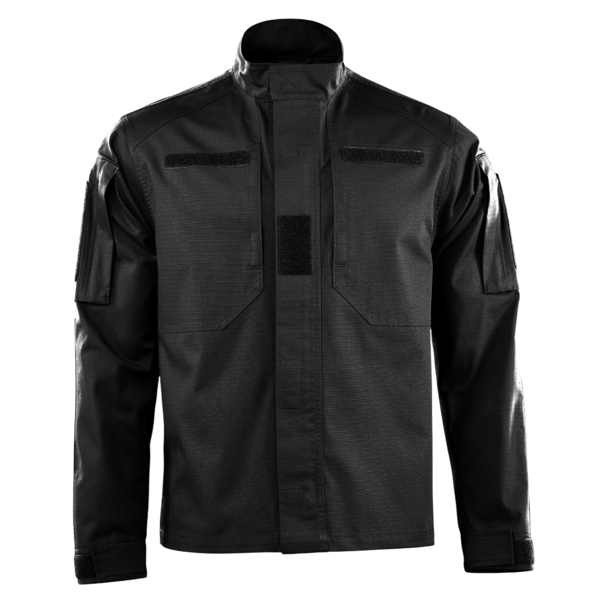 M-Tac Jakke Patrol Flex med ståkrave, Velcro og YKK fittings, designet til taktisk brug, set forfra i sort farve.