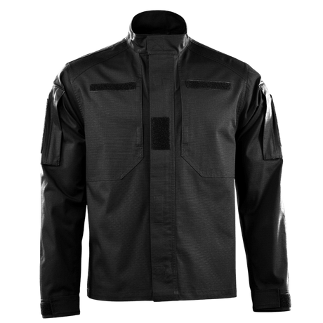 M-Tac Jakke Patrol Flex med ståkrave, Velcro og YKK fittings, designet til taktisk brug, set forfra i sort farve.