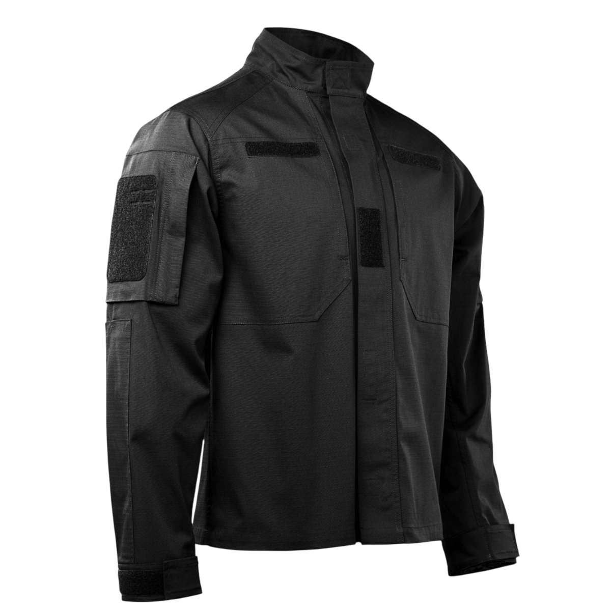 M-Tac Jakke Patrol Flex i sort med velcro paneler og praktiske lommer, designet til taktiske anvendelser.