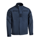 M-Tac Jakke Patrol Flex i mørkeblå, designet til taktisk brug med Velcro, YKK fittings og skjulte lommer. Ventilationsøjer under armene.