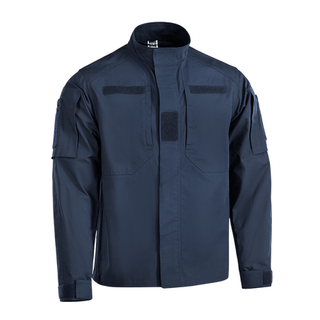 M-Tac Jakke Patrol Flex i mørkeblå, designet til taktisk brug med Velcro, YKK fittings og skjulte lommer. Ventilationsøjer under armene.