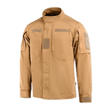 M-Tac Jakke Patrol Flex i beige med Velcro-detaljer, ståkrave og forstærket skulderparti, designet til taktisk brug.