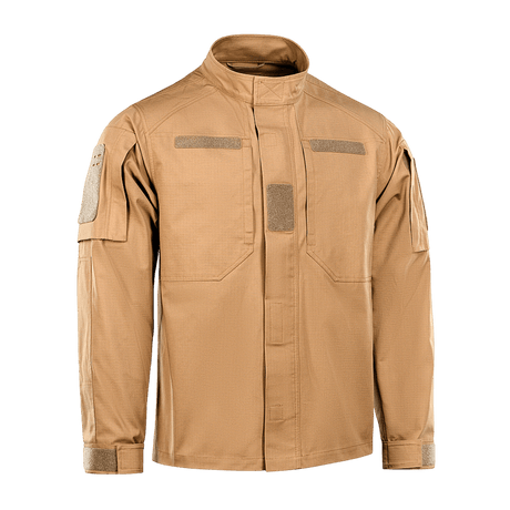 M-Tac Jakke Patrol Flex i sandfarve med velcro paneler, YKK fittings og taktiske detaljer til praktisk brug.