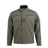 M-Tac Jakke Patrol Flex i olivengrøn med ståkrave og velcro-paneler, designet til taktisk brug og praktisk funktionalitet.