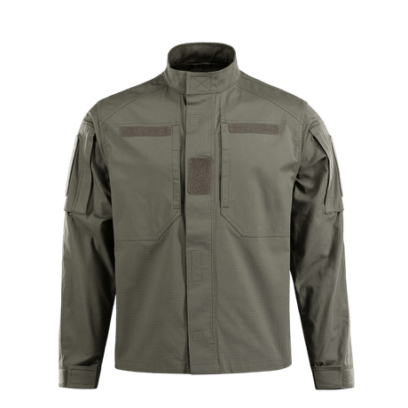 M-Tac Jakke Patrol Flex i olivengrøn med ståkrave og velcro-paneler, designet til taktisk brug og praktisk funktionalitet.