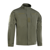 M-Tac Jakke Patrol Flex i olivengrøn med velcro-paneler og skjulte brystlommer designet til taktisk brug.