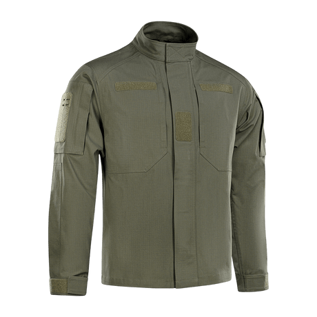 M-Tac Jakke Patrol Flex i olivengrøn med velcro-paneler og skjulte brystlommer designet til taktisk brug.