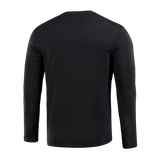 Bagside af M-Tac Long-sleeve T-shirt 93/7 i sort, lavet af 93% bomuld og 7% elastan, ideel til hverdag, uniformer og udendørsaktiviteter.