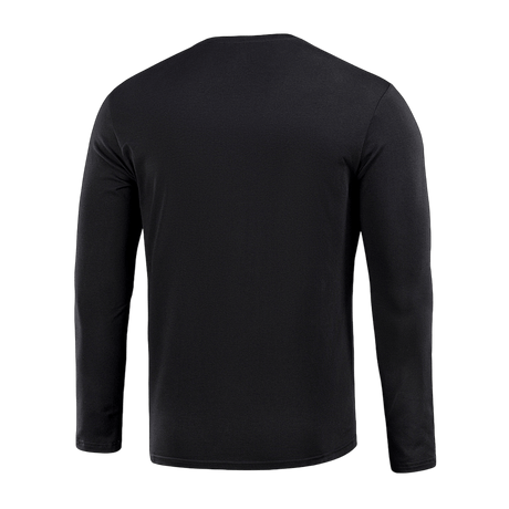 Bagside af M-Tac Long-sleeve T-shirt 93/7 i sort, lavet af 93% bomuld og 7% elastan, ideel til hverdag, uniformer og udendørsaktiviteter.