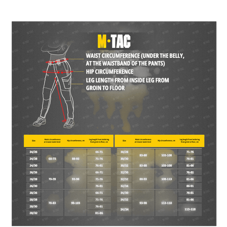 M-Tac Bukser Aggressor Dame Flex størrelsesguide med talje, hofte og ben mål.