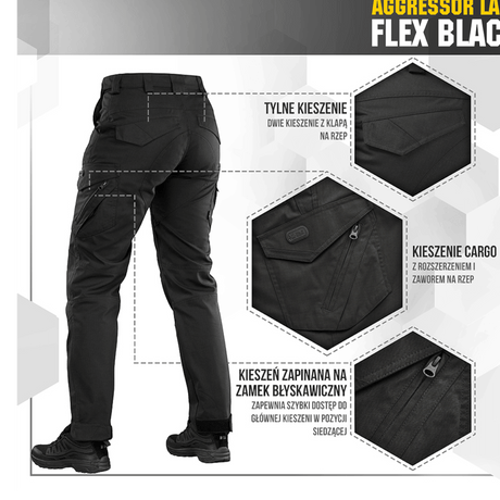 M-Tac Bukser Aggressor Dame Flex i sort med praktiske lommer og fleksibelt design til træning og udendørs brug.