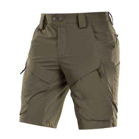 M-Tac Shorts Rubicon Flex mørke olivengrønne med cargolommer, lavet af 85% nylon og 15% spandex, med YKK lynlåse, vandafvisende.