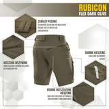 M-Tac Shorts Rubicon Flex Dark Olive med cargo-lommer og vandafvisende materiale, ideel til sommerbrug med maksimal bevægelsesfrihed.