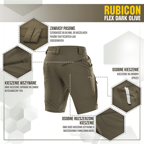M-Tac Shorts Rubicon Flex Dark Olive med cargo-lommer og vandafvisende materiale, ideel til sommerbrug med maksimal bevægelsesfrihed.