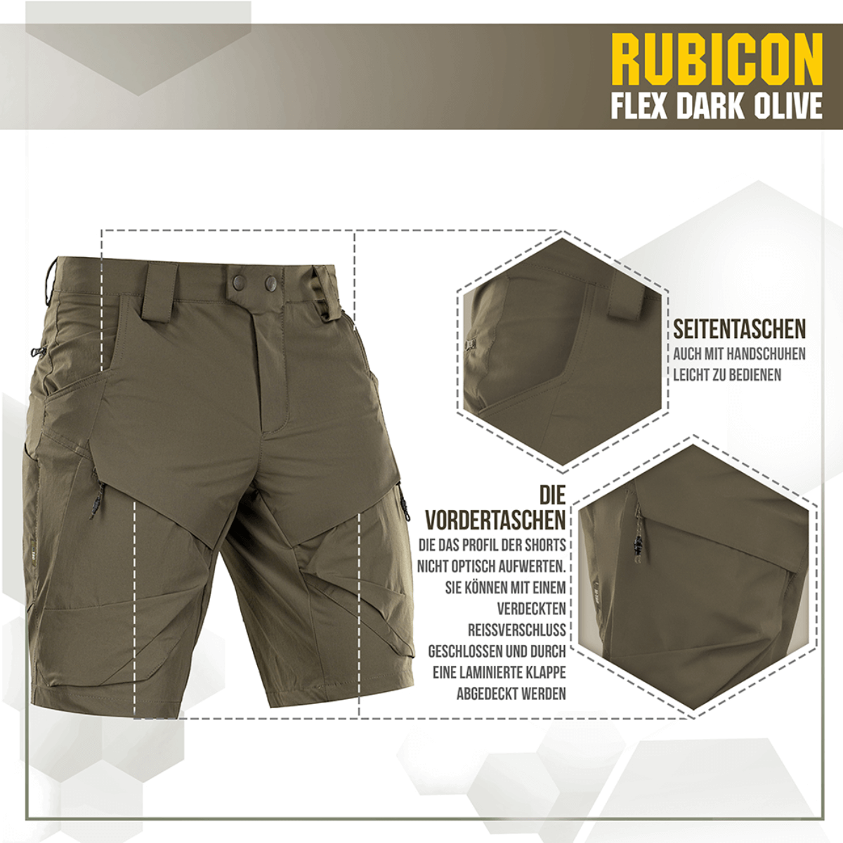M-Tac Shorts Rubicon Flex i mørk oliven med cargo-stil og funktionelle lommer, lavet af 85% nylon og 15% spandex for maksimal komfort.