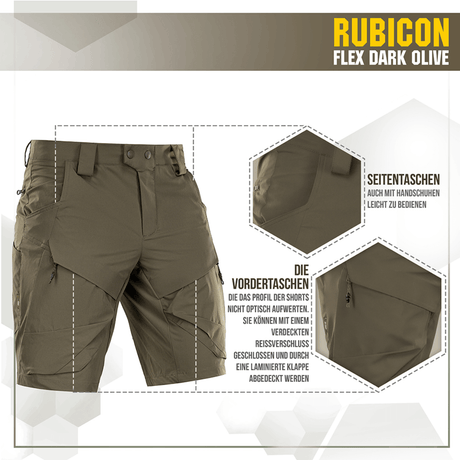 M-Tac Shorts Rubicon Flex i mørk oliven med cargo-stil og funktionelle lommer, lavet af 85% nylon og 15% spandex for maksimal komfort.