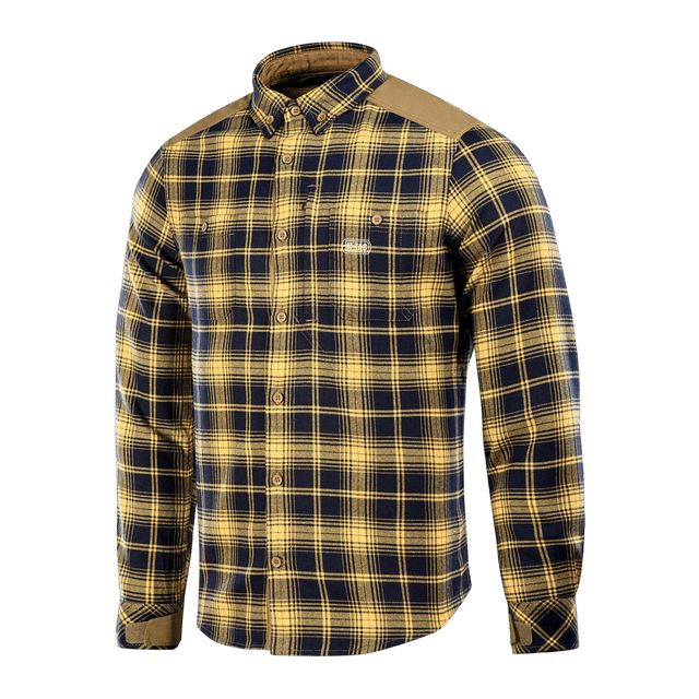 M-Tac Redneck Skjorte i Navy Blue/Yellow, taktisk plaid-skjorte med velcro-justerbare ærmer og forstærkede skuldre, vind- og vandafvisende.