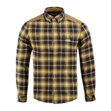 M-Tac Redneck Skjorte i navy blå/gul plaid mønster, taktisk skjorte med velcro-justerbare ærmer, velegnet til arbejde og fritid.
