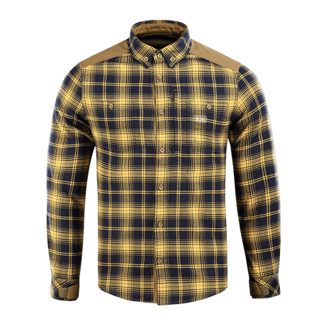 M-Tac Redneck Skjorte i navy blå/gul plaid mønster, taktisk skjorte med velcro-justerbare ærmer, velegnet til arbejde og fritid.