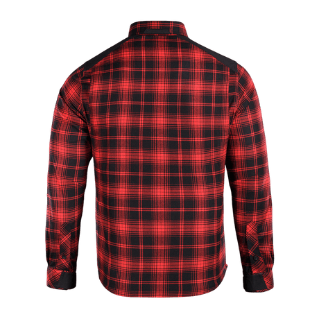 M-Tac Redneck Skjorte i rød plaid med forstærkede skuldre og velcro-justerbare ærmer, ideel til arbejde og fritid.