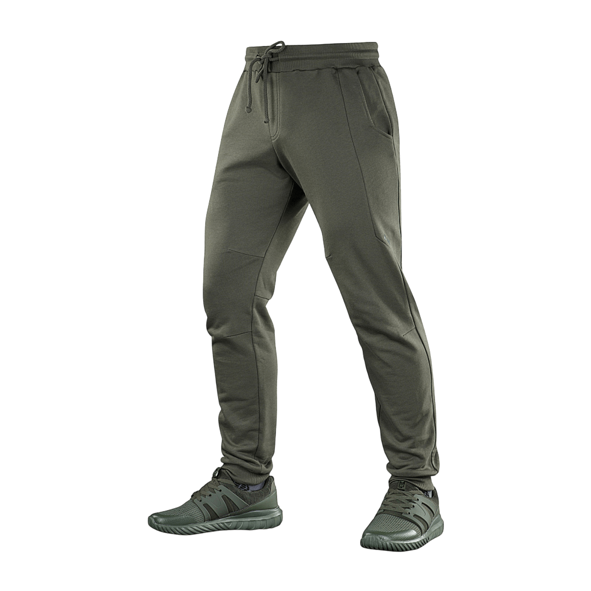 M-Tac Bukser Stealth Cotton sportsbukser i olivenfarve, 100% bomuld, med elastik i taljen og sidelommer, perfekt til løb og hverdag.