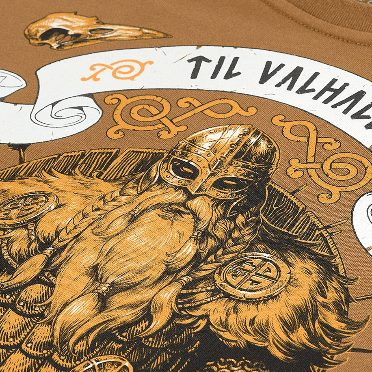 M-Tac T-shirt Viking med vikingemotiv og 'Til Valhall' tekst, symbol på styrke og ære, fremstillet af 93% bomuld. Fokus: M-Tac T-shirt Viking.